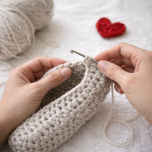 Person crocheting a small bag with yarn and a heart-shaped object in the background.