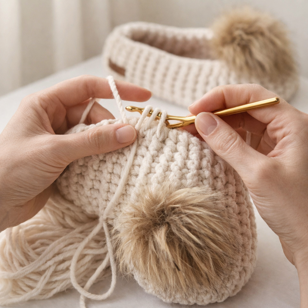Person knitting a beige hat with a pom-pom using gold knitting needles.