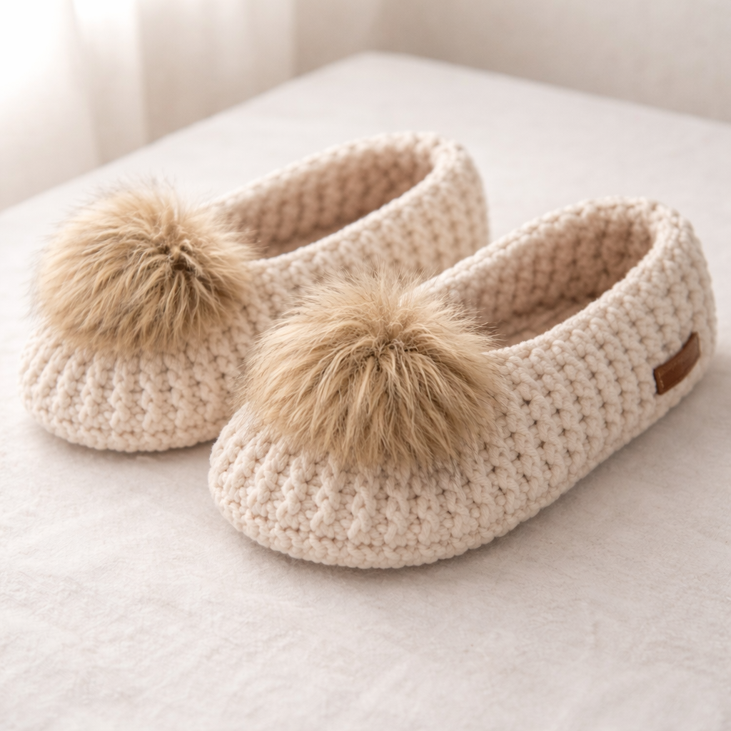 Pair of beige knitted slippers with fluffy pom-poms on a light surface.