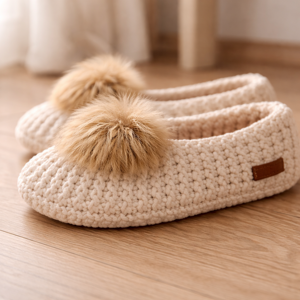 Pair of beige knitted slippers with fluffy pom-poms on a wooden floor.