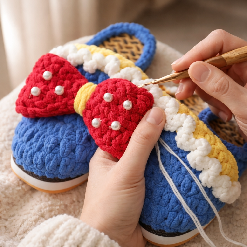 Person crocheting colorful slippers with a red bow on a soft surface.