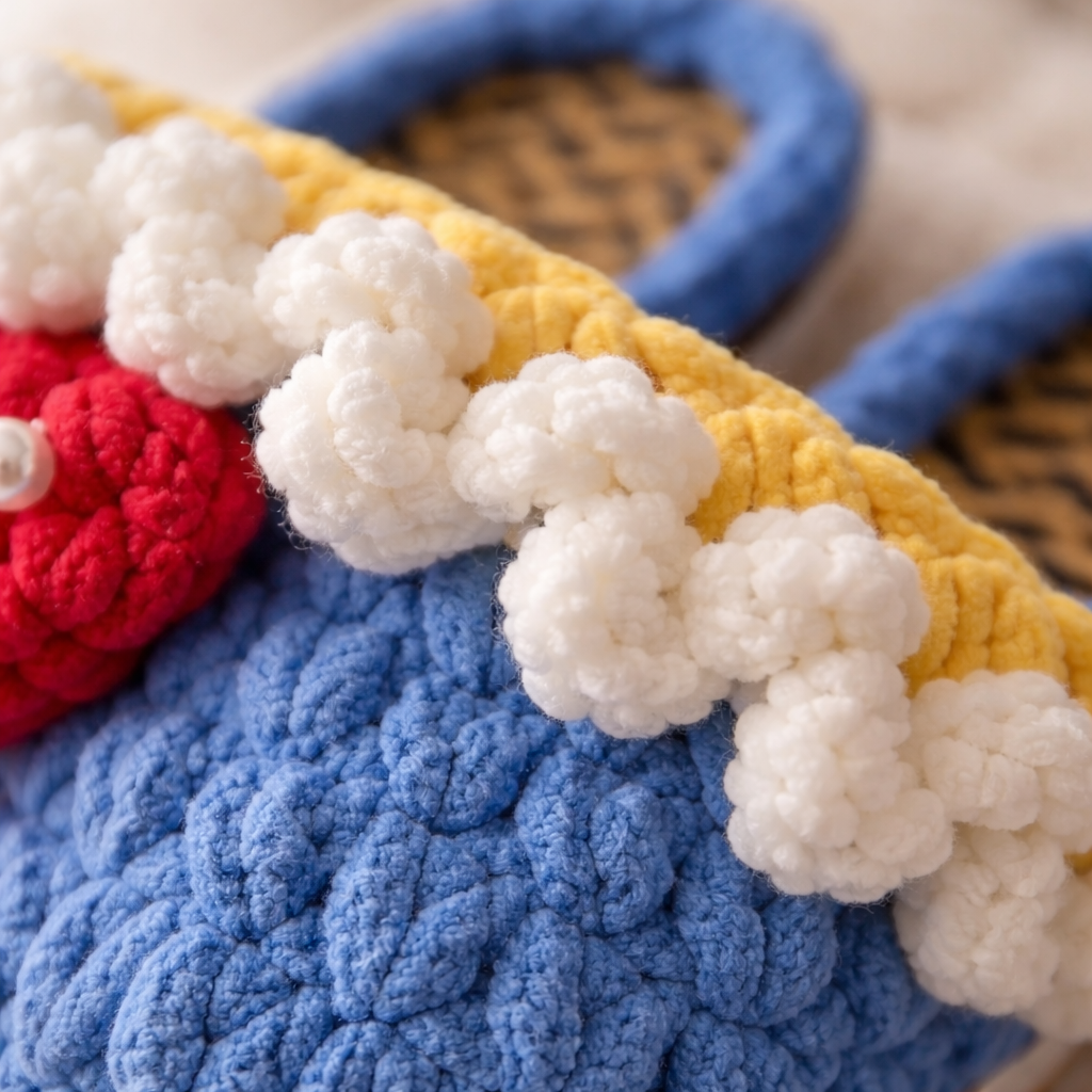 Close-up of a knitted fabric with blue, yellow, and red colors and white spherical patterns.