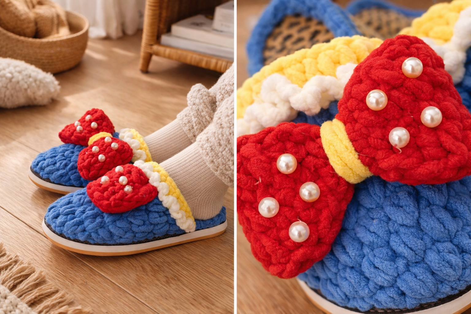 Colorful slippers with a bow design on a wooden floor.