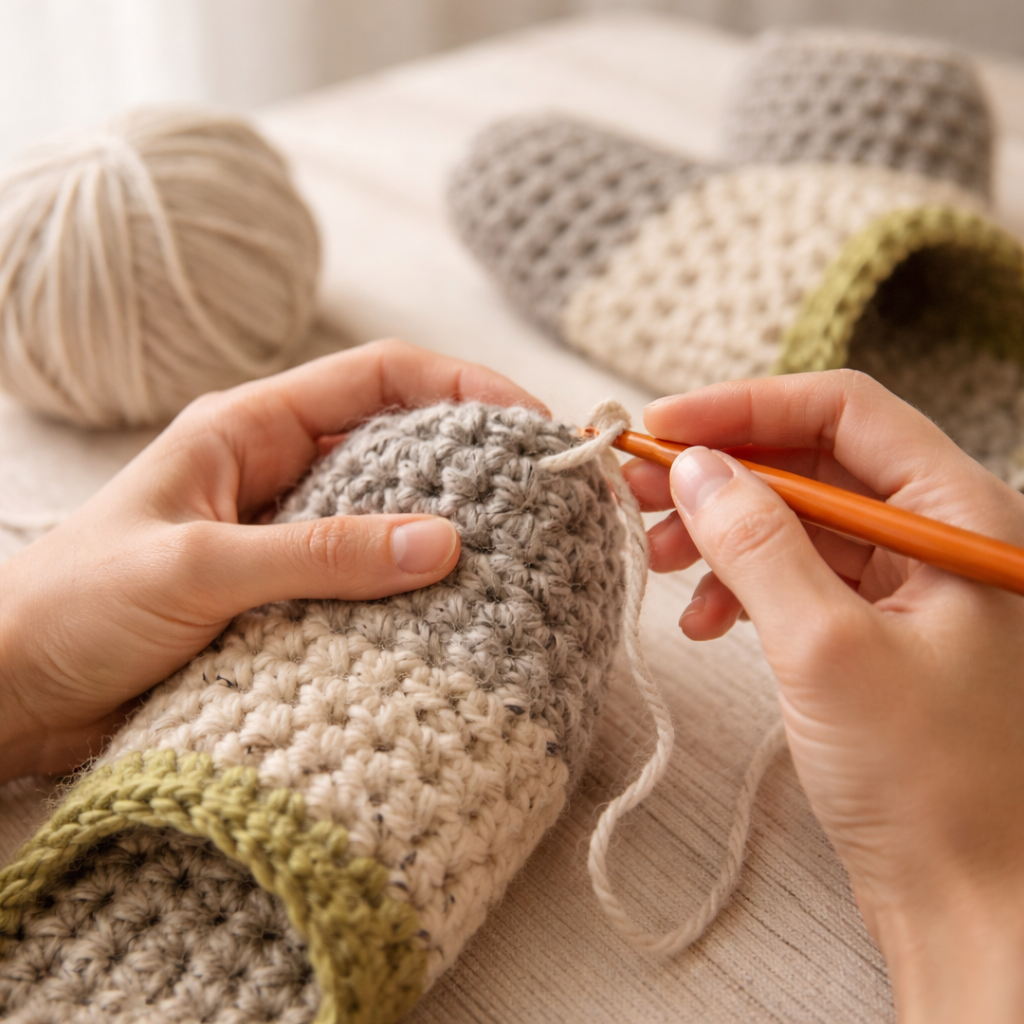 Person crocheting with yarn and a crochet hook on a soft surface.