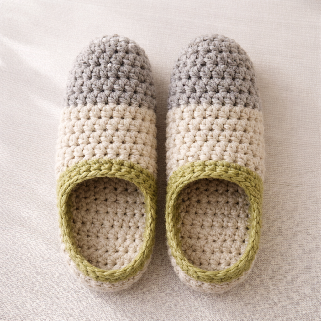 Pair of crocheted slippers with gray, white, and green color scheme on a light background