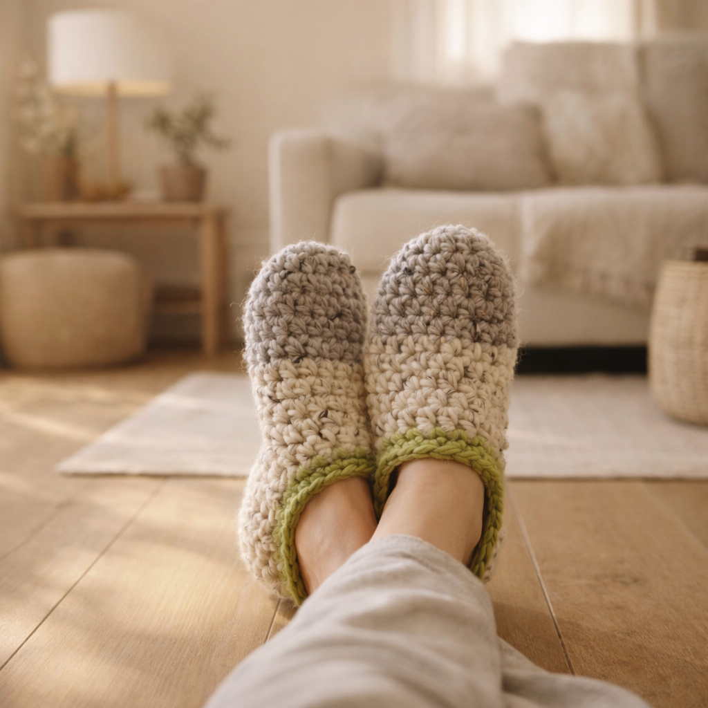 Person wearing cozy crochet slippers in a living room.