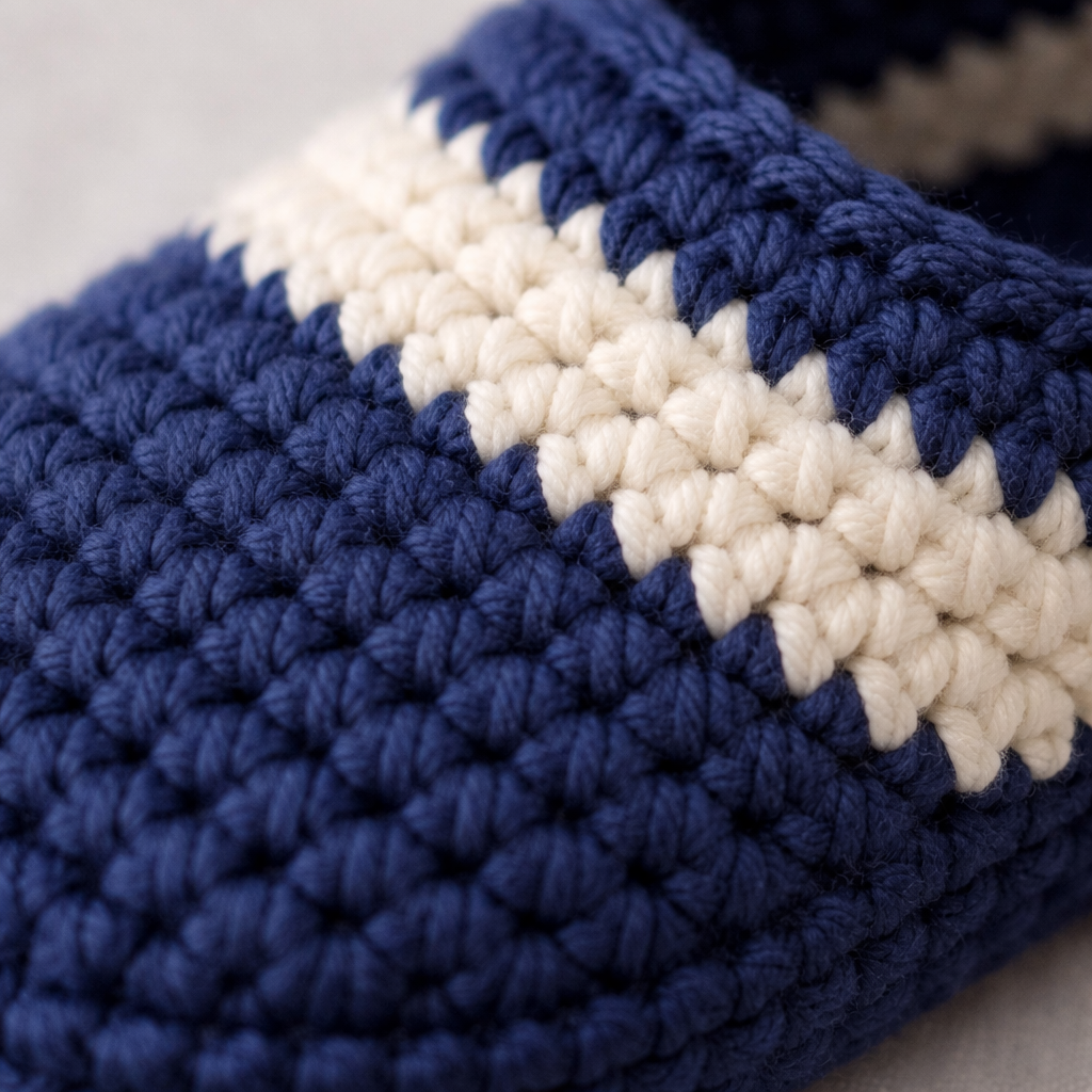 Close-up of blue and white striped knitted fabric