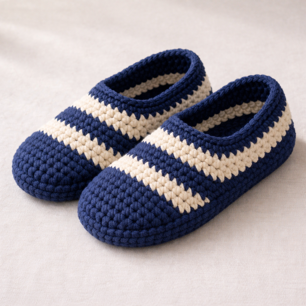 Pair of blue and white striped crochet slippers on a light background