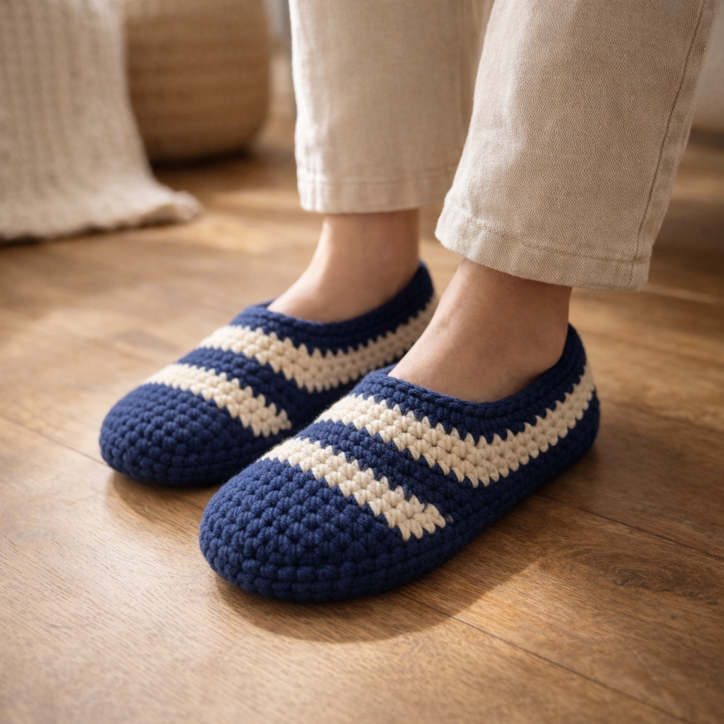 Blue and white striped slippers on a wooden floor