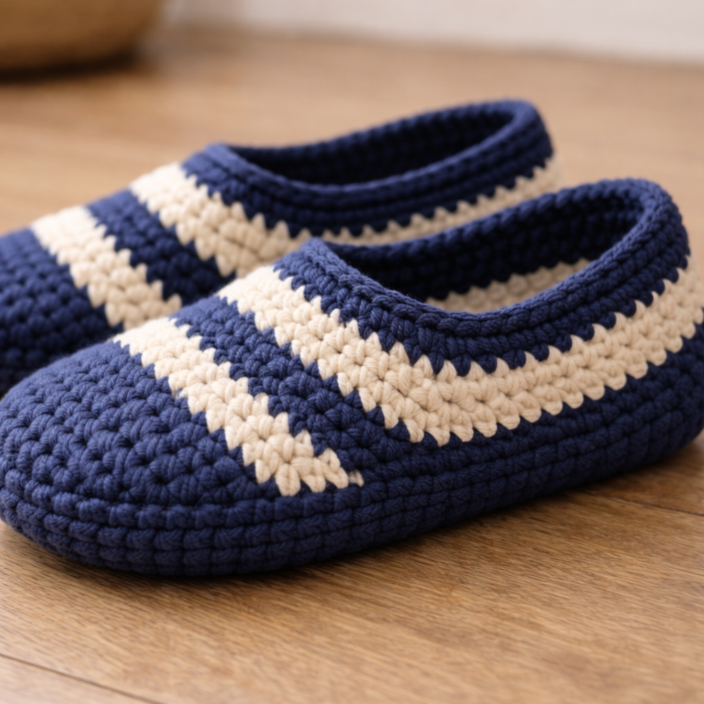 Pair of blue and white crocheted slippers on a wooden floor.