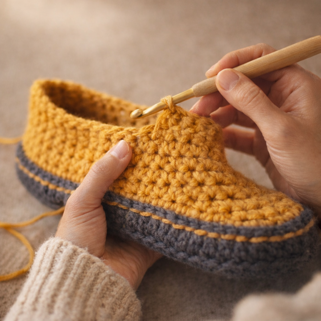 Person crocheting a yellow and gray slipper with a wooden crochet hook.
