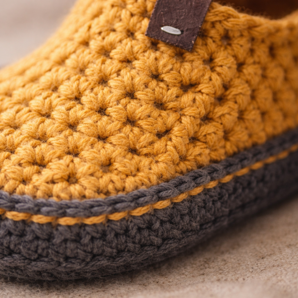 Close-up of a mustard yellow and gray crocheted slipper with a brand tag.