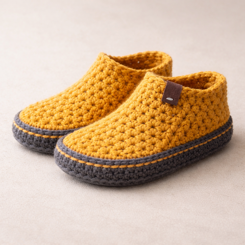 Pair of mustard yellow and gray slippers on a light background