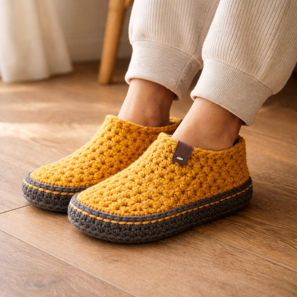 Yellow crocheted slippers on feet wearing white pants on a wooden floor.