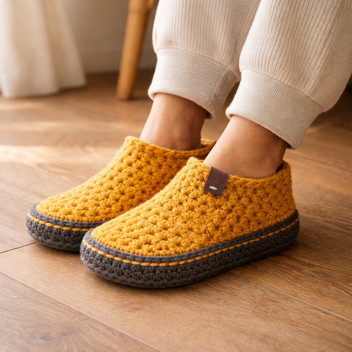 Yellow crocheted slippers on feet wearing white pants on a wooden floor.