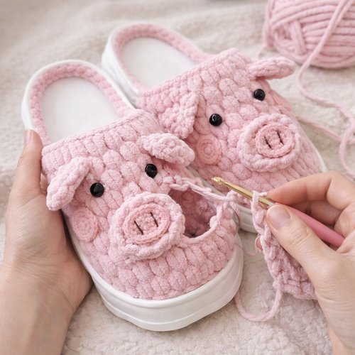 Pink crochet pig shoes being worked on with a crochet hook.