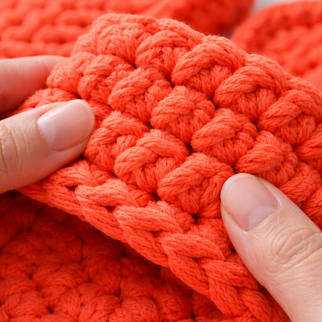 Close-up of orange knitted fabric with a hand holding it