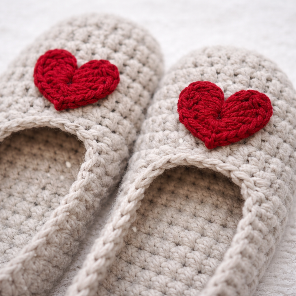 Pair of beige crochet slippers with red heart details on a light background