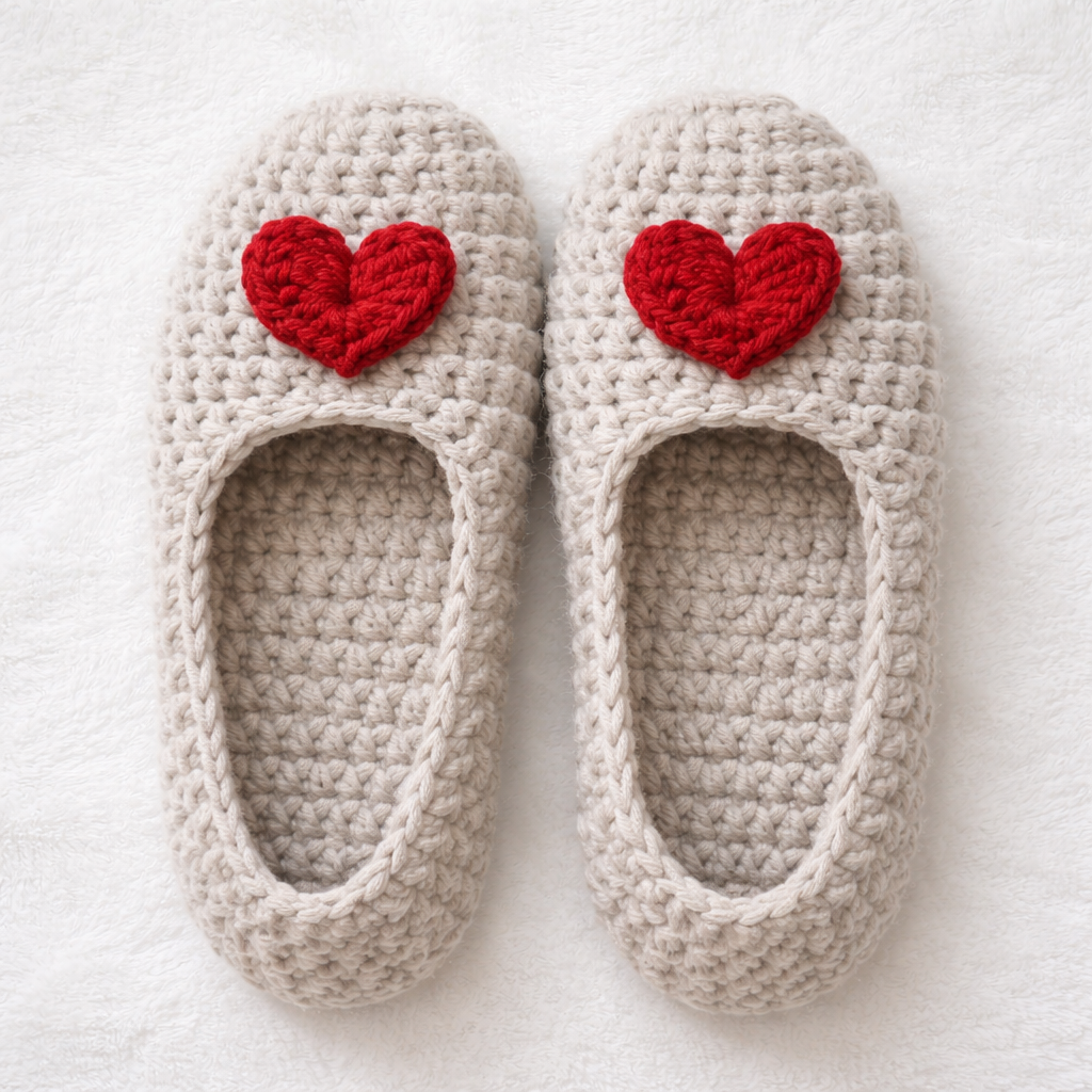 Pair of crocheted slippers with red heart designs on a white background
