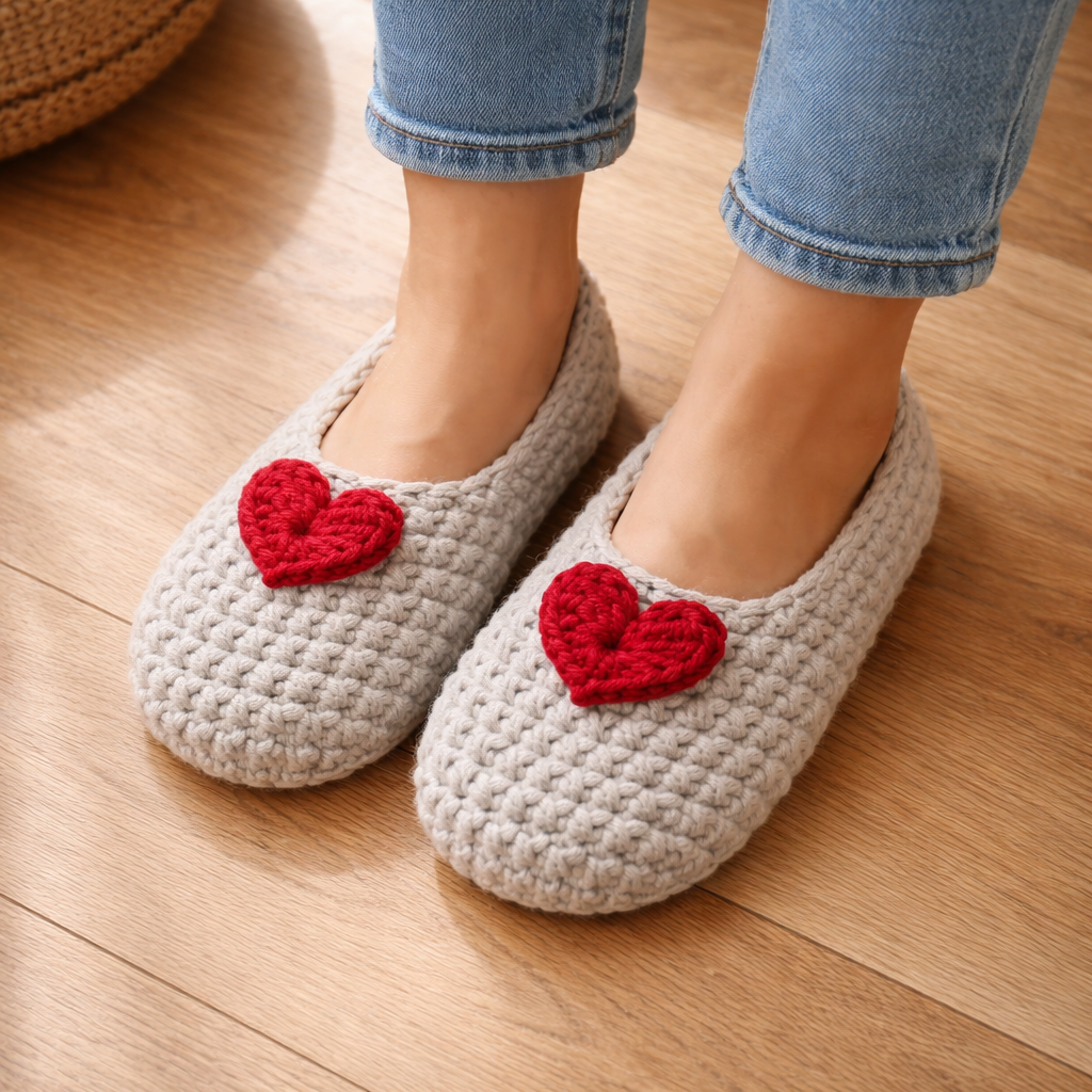 Gray crochet slippers with red heart designs worn on a wooden floor.