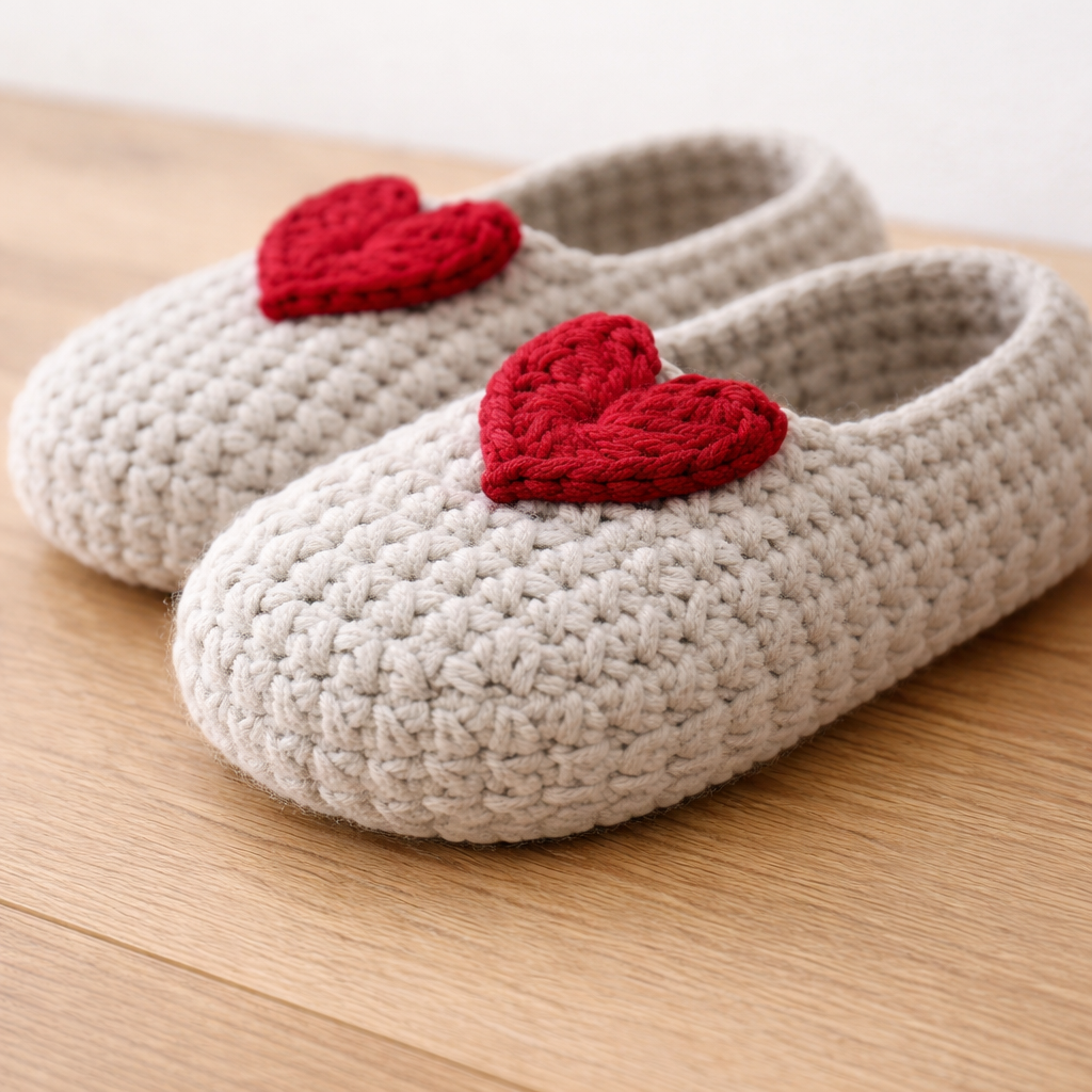 Pair of knitted slippers with red heart decorations on a wooden surface