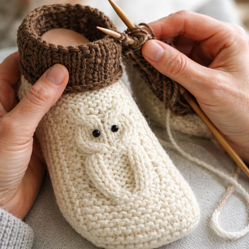 Knitted baby bootie being worked on with a crochet hook