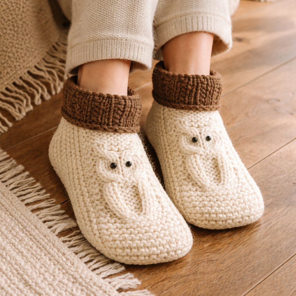 Knitted owl slippers on a wooden floor with a person wearing them.