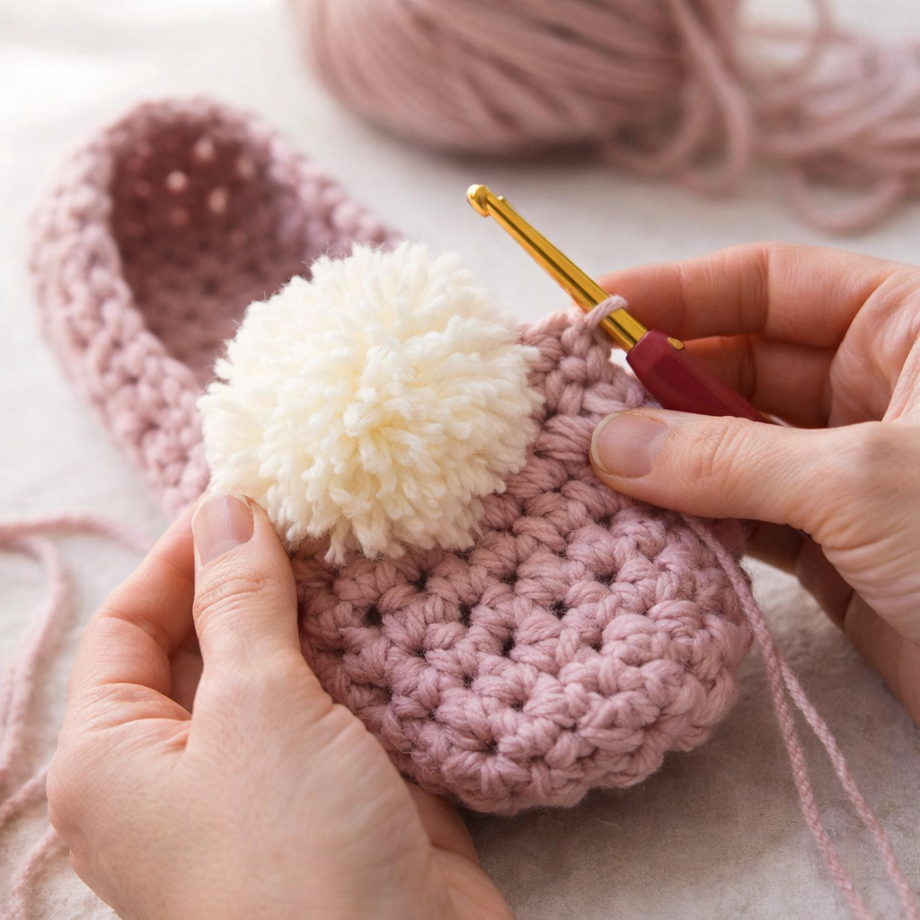 Person crocheting a pink heart-shaped item with a white pom-pom on a light background