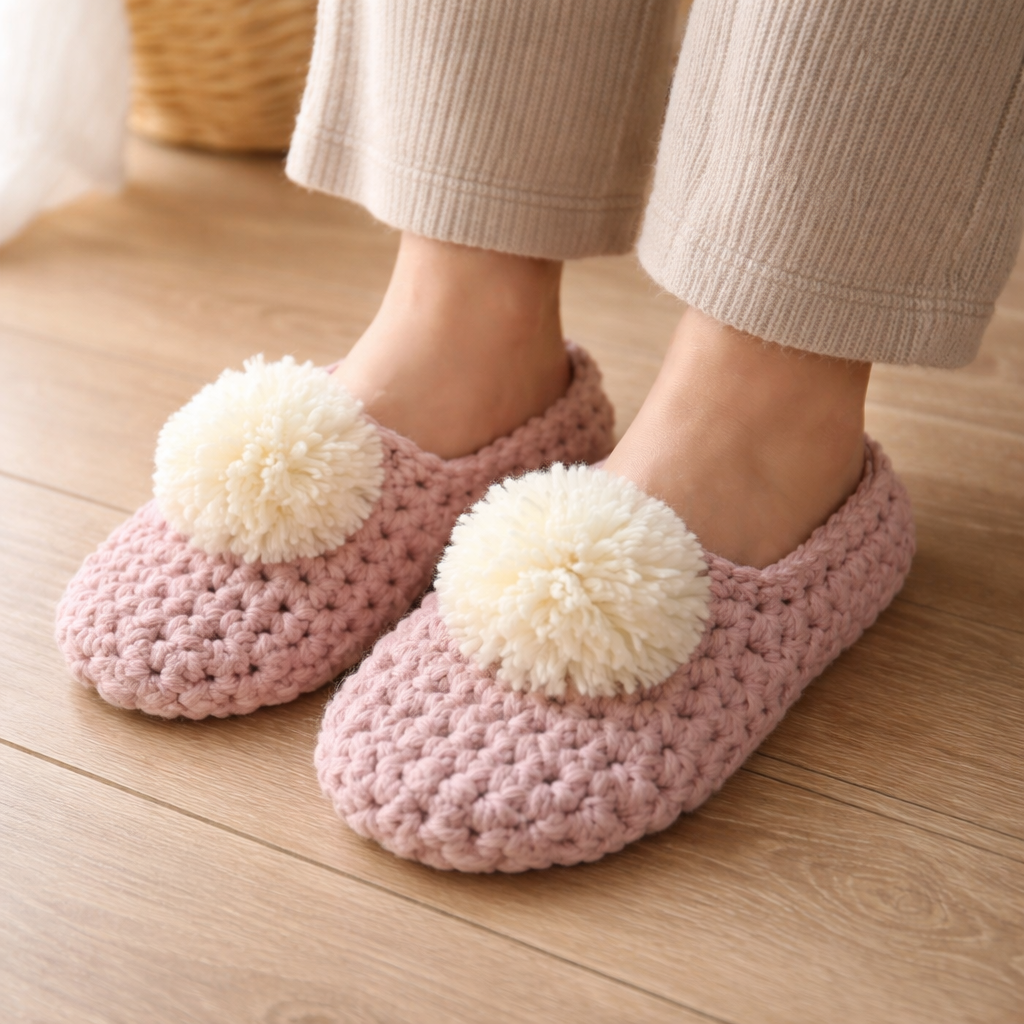 Pink crochet slippers with white pom-poms worn indoors on a wooden floor.