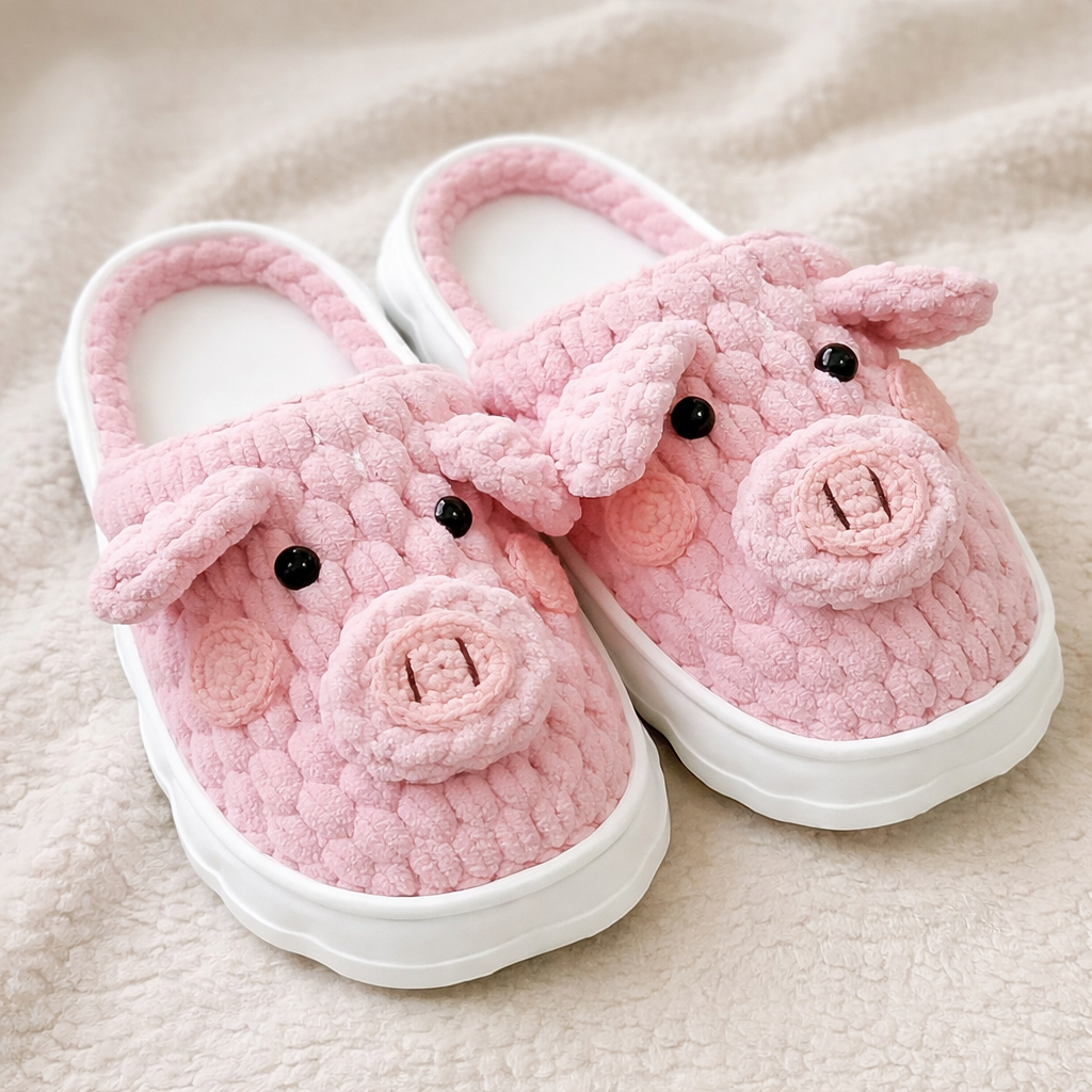 Pink pig-shaped slippers on a soft beige background