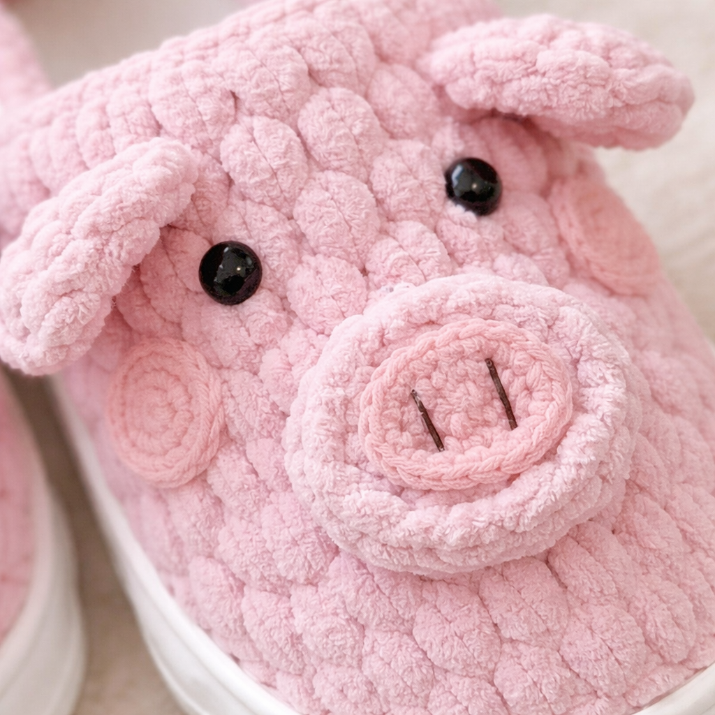 Close-up of a pink knitted pig toy with a white background