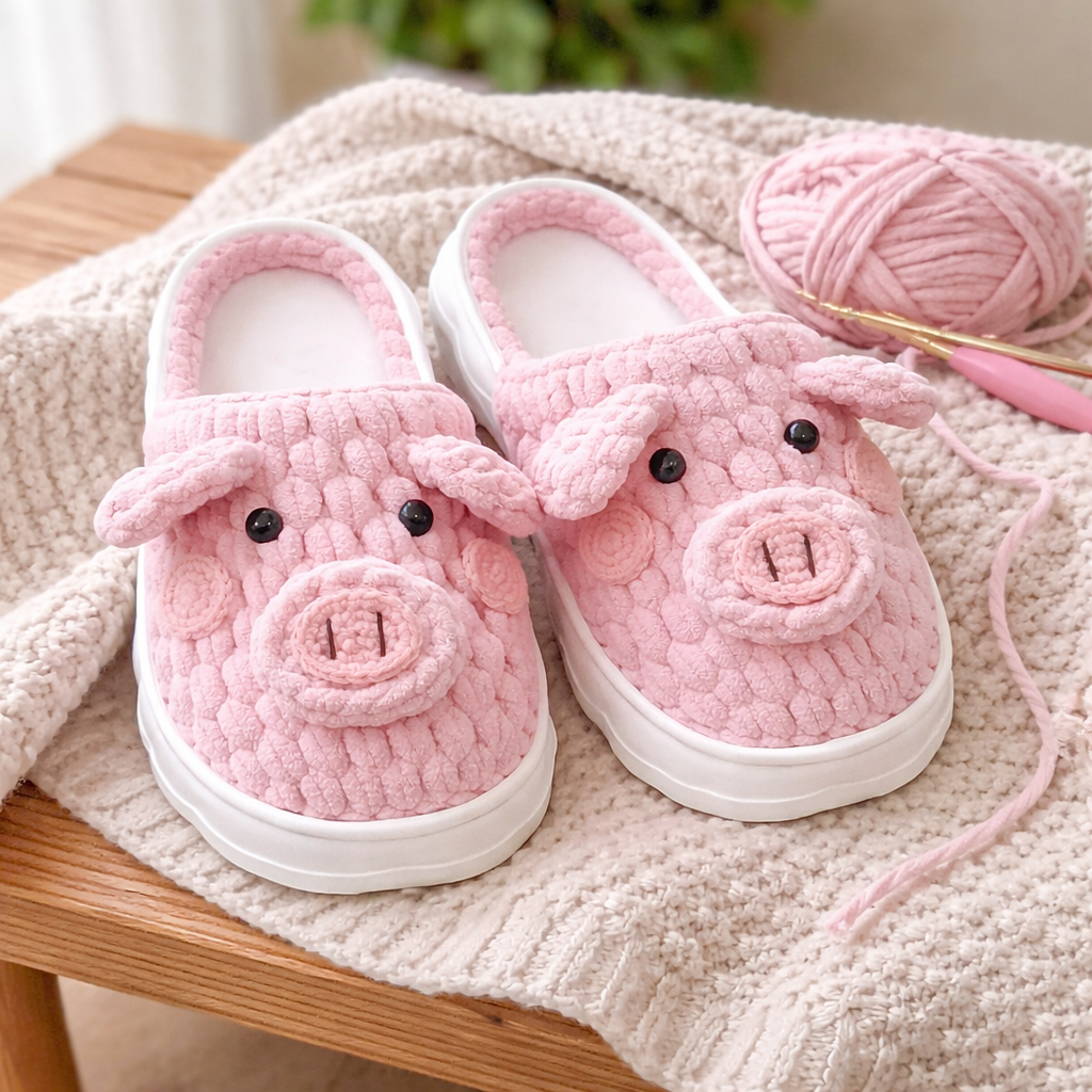 Pink pig-shaped slippers on a textured surface with yarn and knitting needles.