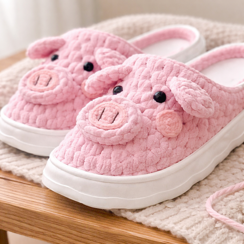 Pink pig-themed slippers on a wooden surface with a soft white background