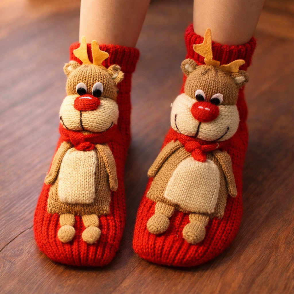 Red knitted socks with cartoon bear and reindeer design on a wooden floor.