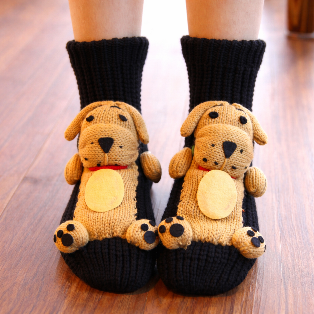 Dog-shaped slippers worn on a wooden floor