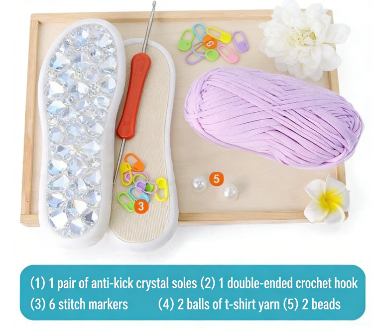 Complete DIY Crochet Slipper Kit with Anti Kick Crystal Soles T Shirt Yarn and Tools for Handmade Home Slippers Making