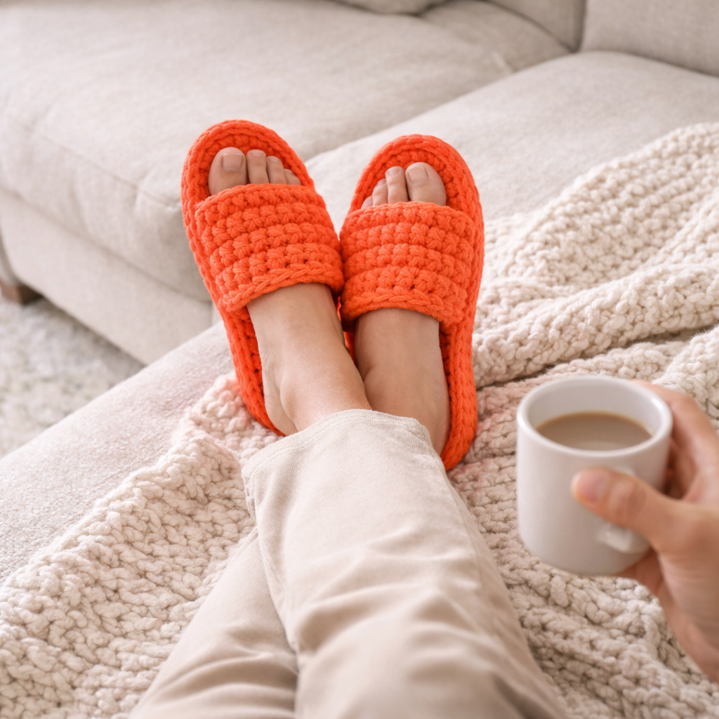 Person wearing orange crochet slippers and holding a white mug with a warm beverage on a soft surface.