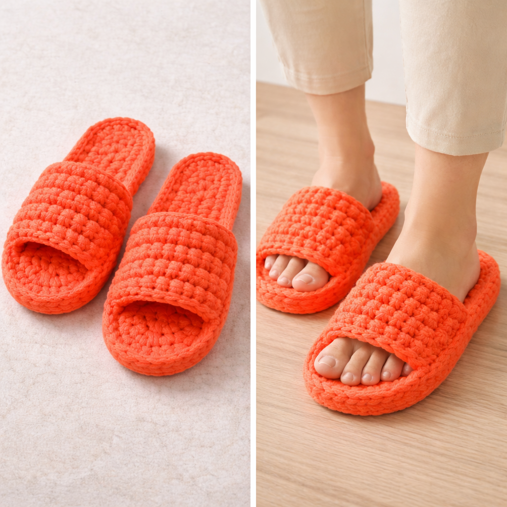 Orange slippers shown on a white surface and worn by a person on a wooden floor.